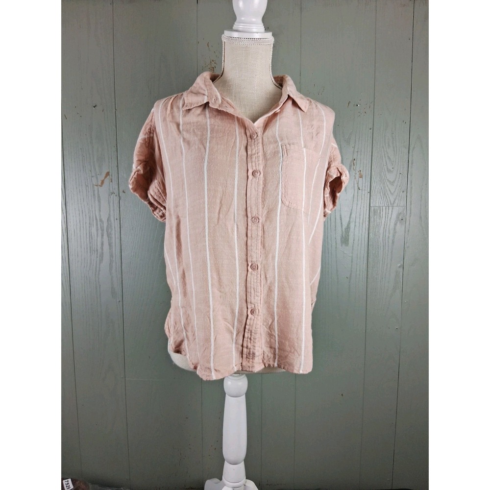American Eagle Womans Oversized Button Up Shirt Small White & Pink‎ Striped Boho